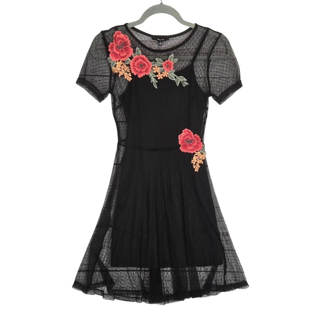 Megan Black Lace Mesh Whimsigoth Dress S Floral Embroidered Fairycore Party NWT